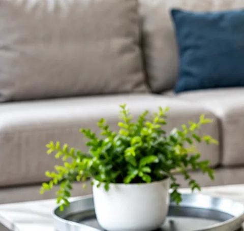 Sala con cojines y plantas, como referencia de un hogar cuidado
